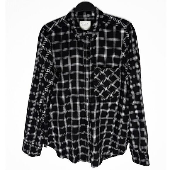 Abercrombie Fitch Women's Soft Flannel Button Down Shirt Black White Plaid Check - Picture 1 of 7
